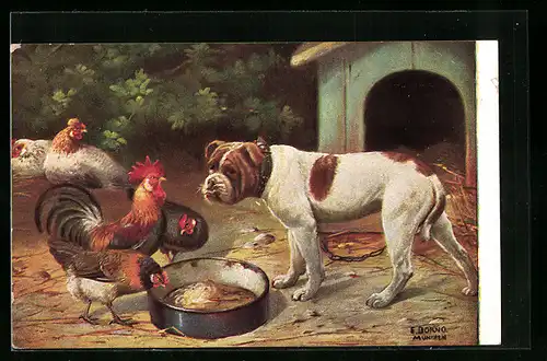 Künstler-AK Bulldogge lässt sich von Hühnern einschüchtern