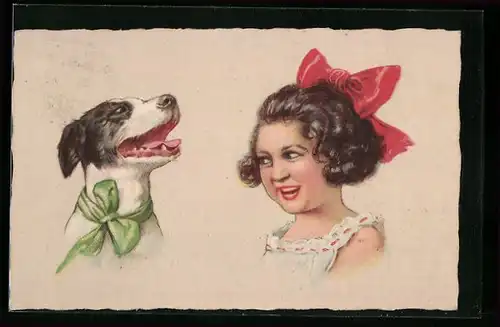 AK Hund mit Halsschleife und Mädchen mit Haarschleife