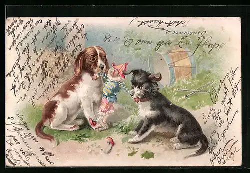 AK Zwei Hunde streiten sich um eine Harlekinpuppe