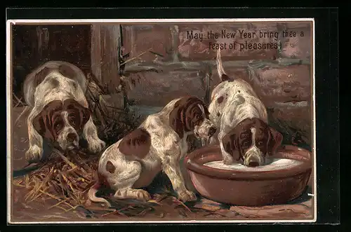 Lithographie Drei Jagdhunde mit Milchschüssel im Stall