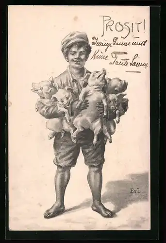 AK Junger Bursche mit Ferkeln auf den Armen, Neujahrsgruss