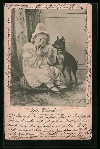 AK Kleines Mädchen mit Apfel und bettelndem Hündchen