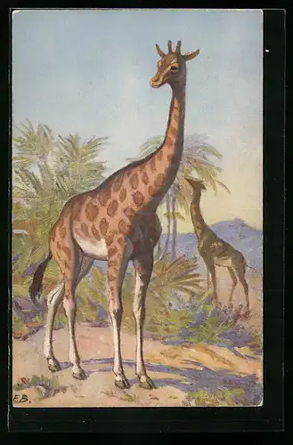 Künstler-AK Giraffen in der afrikanischen Savanne