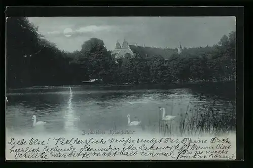 Mondschein-AK Darmstadt, Jagdschloss Kranichstein mit Schwänen
