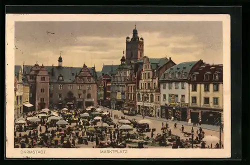 AK Darmstadt, Marktplatz mit Markttreiben