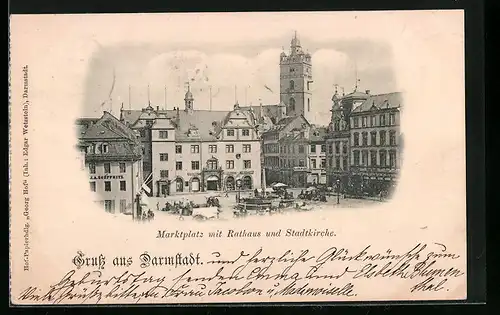AK Darmstadt, Marktplatz mit Stadtkirche und Rathaus