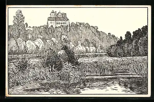 AK Wildegg, Flusspartie, Blick zur Burg