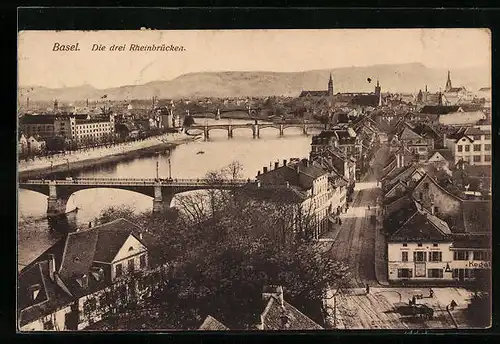AK Basel, Teilansicht mit den drei Rheinbrücken