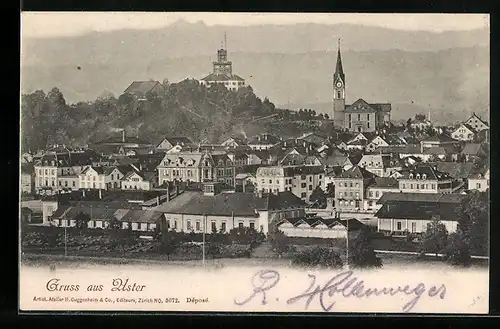 AK Uster, Teilansicht mit Bergkette aus der Vogelschau