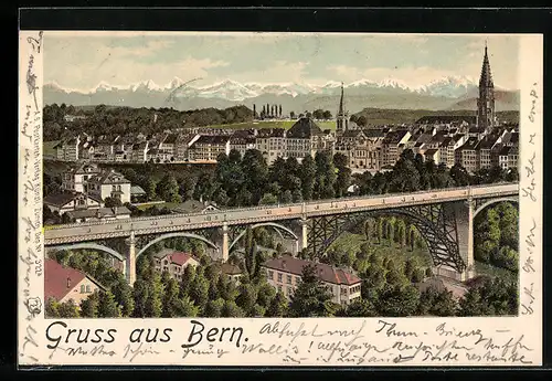Lithographie Bern, Totalansicht mit Brücke