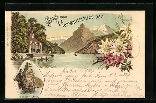 Lithographie Sisikon, Tellskapelle, Schillserstein, Vierwaldstättersee
