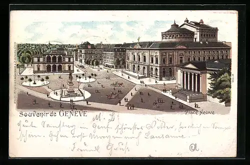 Lithographie Geneve, Place Neuve, Gebäudeansicht und Denkmal