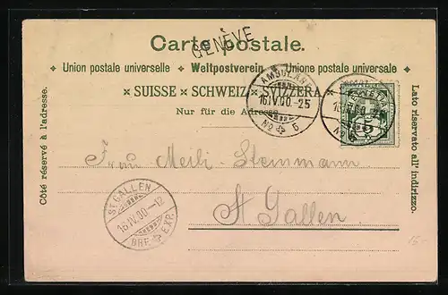 Lithographie Geneve, Place Neuve, Gebäudeansicht und Denkmal