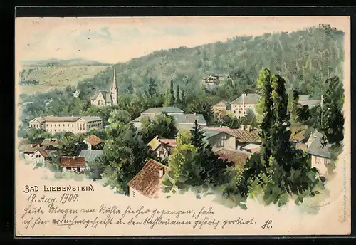Lithographie Bad Liebenstein, Blick über die Dächer der Gemeinde auf die Kirche