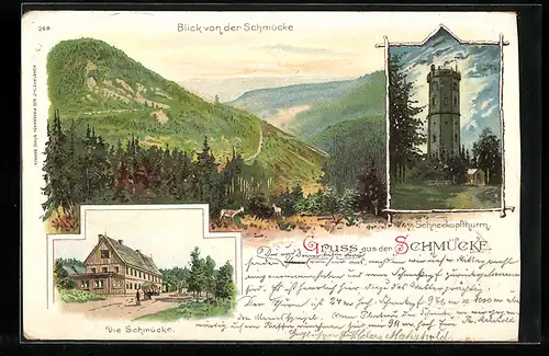 Lithographie Gehlberg, Gasthaus Schmücke, Schneekopfturm, Panorama