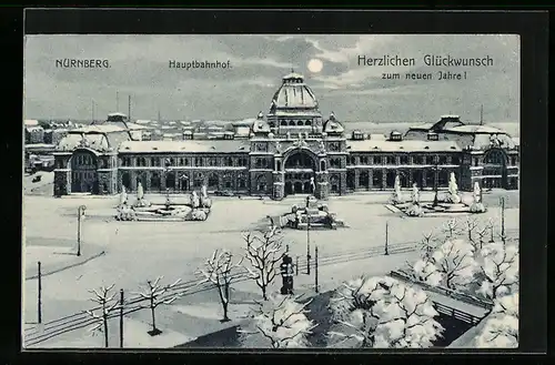 AK Nürnberg, Hauptbahnhof im Winter aus der Vogelschau