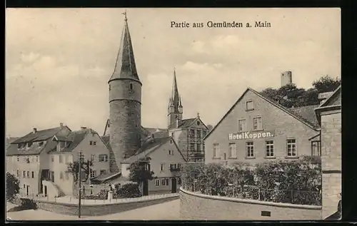 AK Gemünden a. Main, Strassenpartie mit Hotel Koppen