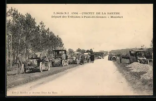 AK Montfort, Circuit de la Sarthe 1906, Départ des Tribunes à Pont-de-Gennes-Montfort