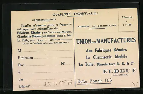AK Elbeuf, Usines d`Elbeuf, Union des Manufactures, Reklame für Herrenkleidung, Fabriken