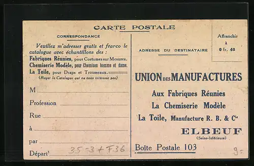 AK Elbeuf, Usines d`Elbeuf, Union des Manufactures, Reklame für Herrenkleidung, Fabrikansichten