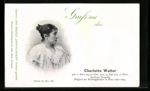 AK Schauspielerin Charlotte Wolter, Mitglied des Hofburgtheaters in Wien