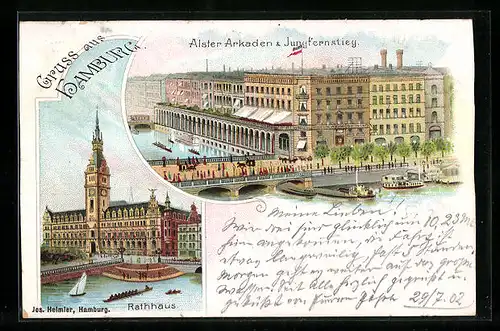 Lithographie Hamburg, Alster-Arkaden und Jungfernstieg, das Rathaus