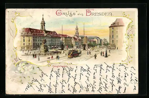 Lithographie Dresden, Pferdebahn am Denkmal auf der Hauptstrasse