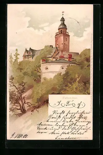 Lithographie Falkenstein, Blick hinauf zum Kirchturm