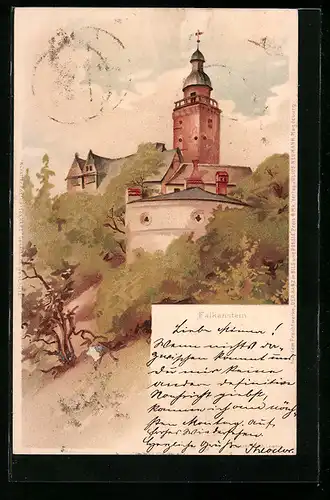 Lithographie Falkenstein, der Kirchturm auf dem Berg