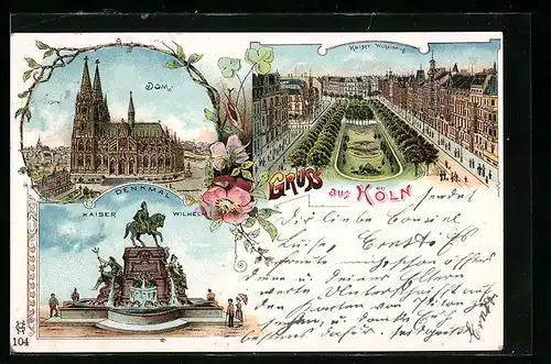 Lithographie Köln, Dom, Denkmal Kaiser Wilhelm I., Kaiser Wilhelmring