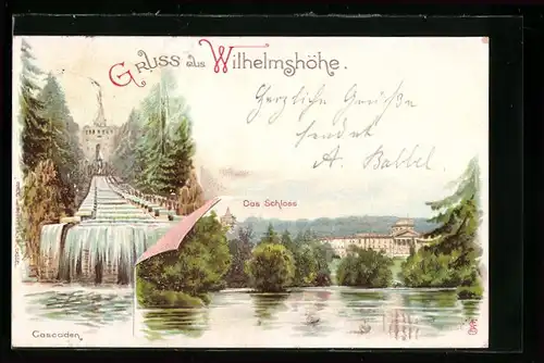 Lithographie Kassel-Wilhelmshöhe, Schloss und Cascaden
