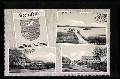 AK Steinfeld, Blick auf die Schlei, Strassenpartie und Wappen