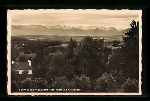 AK Ebenhausen, Ortsansicht aus der Vogelschau, Blick zum Karwendelgebirge vom Sanatorium aus gesehen