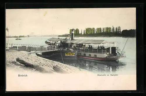 AK Biebrich, Rheinufer mit Dampfer