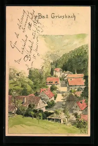 Künstler-AK Bad Griesbach, Ortspartie aus der Vogelschau