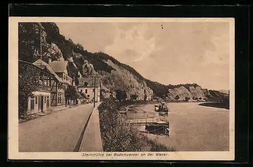 AK Steinmühle bei Bodenwerder, Flusspartie mit Schiff