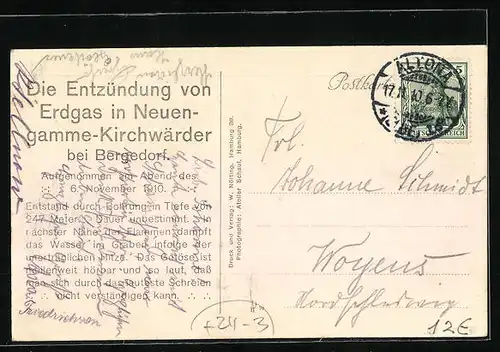 AK Neuengamme-Kirchwärder bei Bergedorf, Explosion durch Entzündung von Erdgas am 6. Nov. 1910