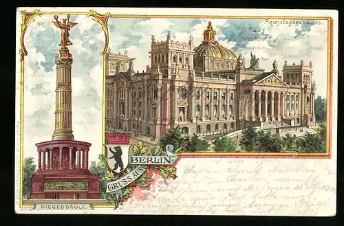 Lithographie Berlin, Reichstagsgebäude, Siegessäule