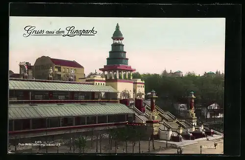 AK Berlin-Halensee, Lunapark, Turmgebäude mit Freitreppe und Haus Rheingold