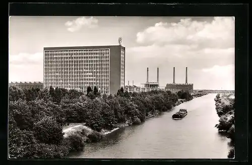 AK Wolfsburg, Volkswagenwerk mit Mittellandkanal aus der Vogelschau