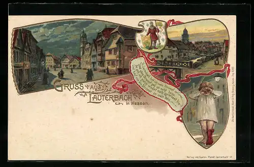 Lithographie Lauterbach, Ortsansicht bei Nacht und Tag, weinendes Kind mit rotem Stiefel