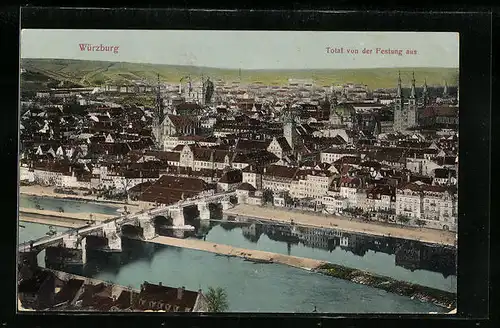 AK Würzburg am Main, Totalansicht von der Festung aus, Blick auf die Mainbrücke