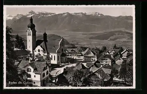 AK Rieden, Teilansicht mit Kirche, Blick auf die Alpen