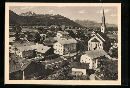 AK Bergen, Ortsansicht mit Hochgern und Kampenwand