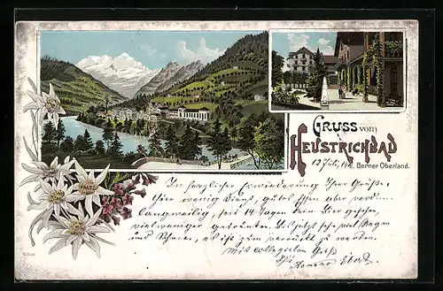 Lithographie Heustrichbad /Berner Oberland, Ortsansicht mit Umgebung und Brücke aus der Vogelschau, Strassenpartie