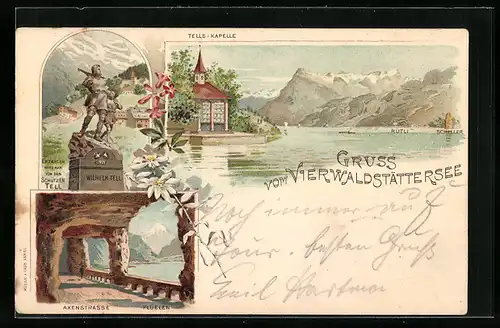 Lithographie Vierwaldstättersee, Tells Kapelle mit See, Tell-Denkmal, Axenstrasse
