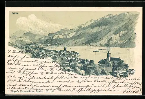 Lithographie Brienz, Ortsansicht mit Blick über den See