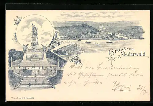 Lithographie Rüdesheim / Rh., Nationaldenkmal, Rheinpartie mit Schiffen