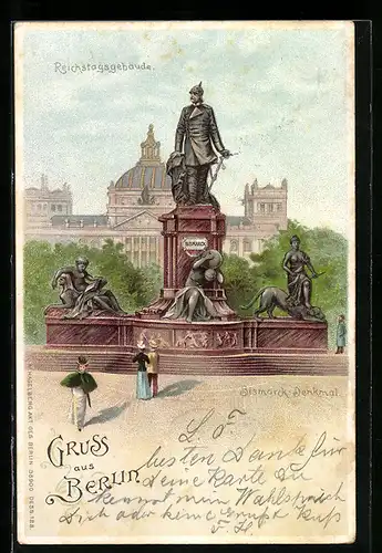 Lithographie Berlin, Bismarckdenkmal, Reichstagsgebäude