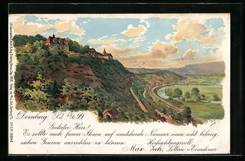 Lithographie Dornburg, Panorama mit Eisenbahntrasse